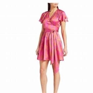 Tanya Taylor Pink Paris Floral Print Hammered Silk Wrap Dress Size 4